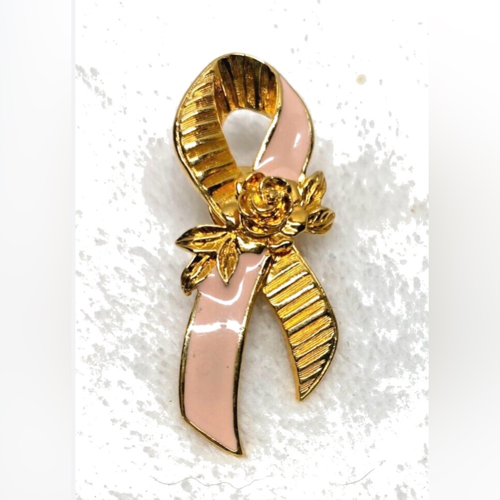 Vintage Avon Gold Tone Pink Enamel Breast Cancer Awareness Ribbon Lapel Pin Rose